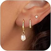 GLoquat 3 Pairs 14k CZ Gold Huggie Hoop Cartilage Earrings Set: Dainty CZ Stud Trendy Dangle Pearl Hoop Earrings Hypoallergenic Leaf Piercing Climber Huggie Earring for Women Gold Jewelry for Everyday