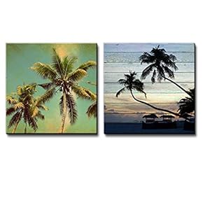 Vintage Palm Trees Along with Palm Trees on an Island with Huts Over Wooden Panels - Canvas Art Home Art - 12x12 inches
