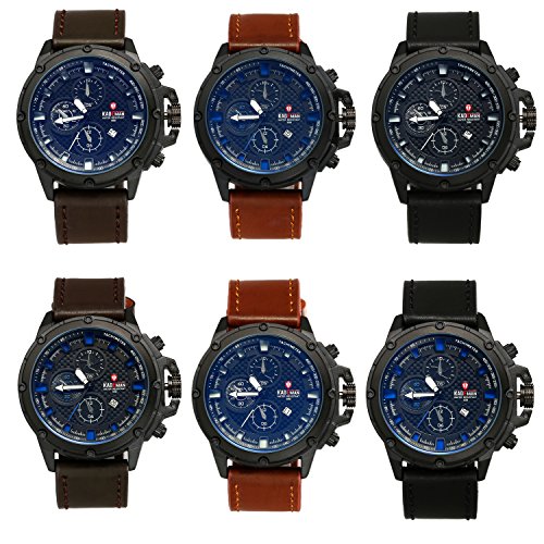 Men's Japan Quartz 30M Waterproof Military Leather Band Calendar Round Face Analog Watch (3PCS)