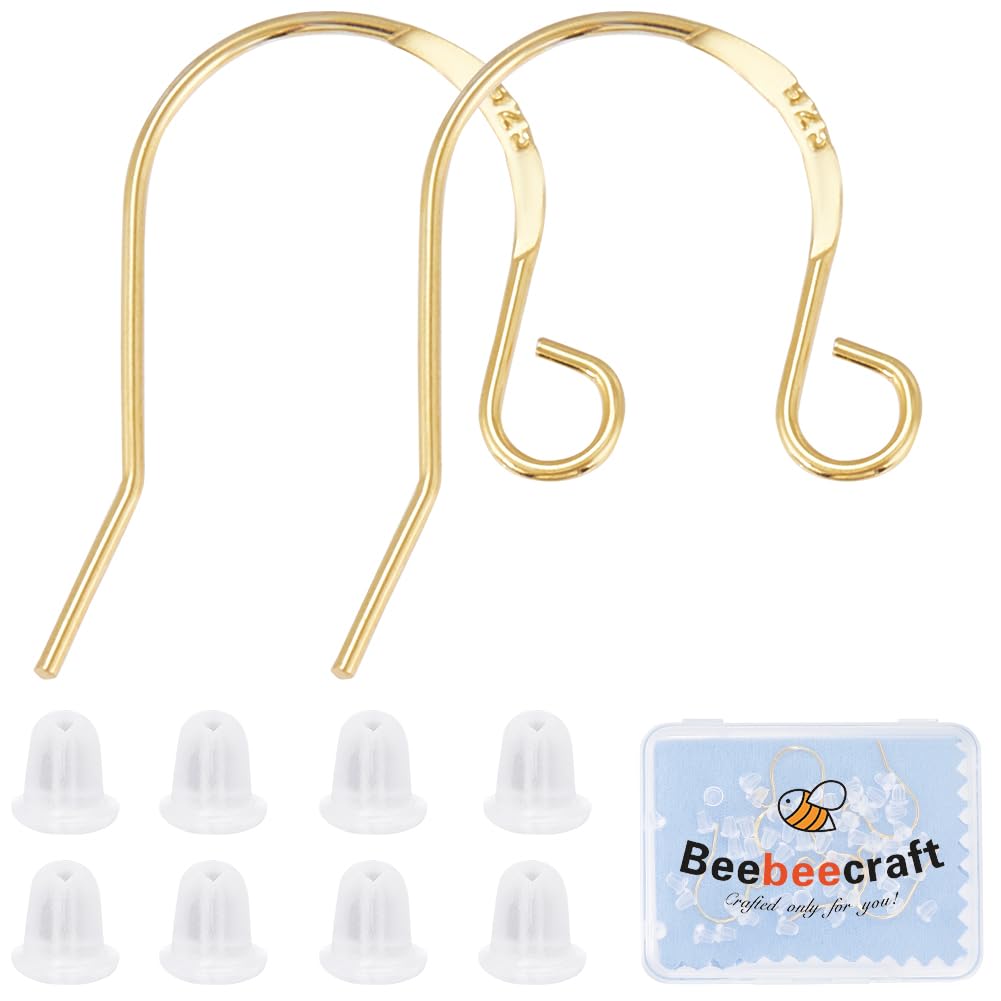 Beebeecraft 5 Pairs/Box Real 18K Gold Plated 925 Sterling Silver Ear Wires French Earring Wires Fish Hook Earring Hooks with Ear Nuts and Loop Earring Findings for Jewelry Making Supplies DIY Crafts