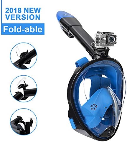 aidong 180° Full Face Snorkel Mask with Panoramic View Anti-Fog Design, Foldable Storage Snorkel Set with Camera Mount, Swimming Set for Men Women Kids (180° Panoramic Fold Black/Blue, Small/Medium)
