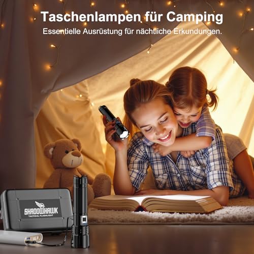 Shadowhawk Torch LED 10000 Lumens, Extremely Bright Torch, USB Rechargeable Tactical Torches with Holster CREE XHP70.2, IP67 Waterproof, 5 Light Modes, for Camping, Hiking, Emergencies (26650 Battery)