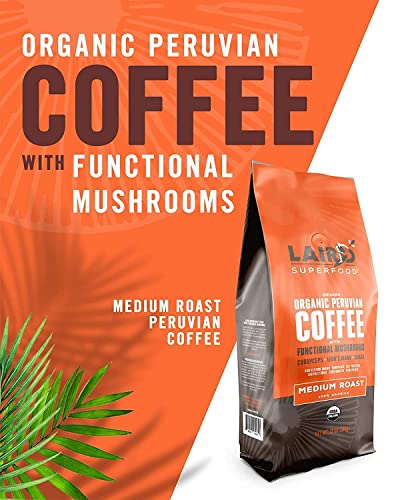 Laird Superfood Peruvian Medium Roast Coffee with Functional Mushrooms, Certified Organic Peruvian Ground Coffee Beans, Gluten-Free, Dairy-Free, Non-GMO, Paleo, Keto Friendly, 12 oz. Bag