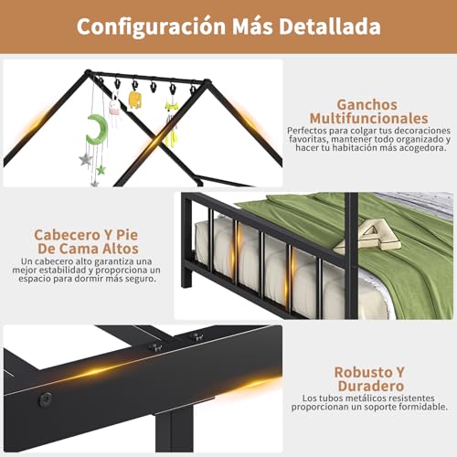 SIMPLE ESPACIO Base Cama Matrimonial,Base de Cama Matrimonial con Metal,Recamara matrimonial con Techo Triangular,Base para Cama Matrimonials con 6 Ganchos,Cabecero y Pie de Cama de Metal.(Negro)