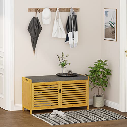 VIAGDO Entryway Storage Bench, Bamboo Shoe Rack Bench with Cushion