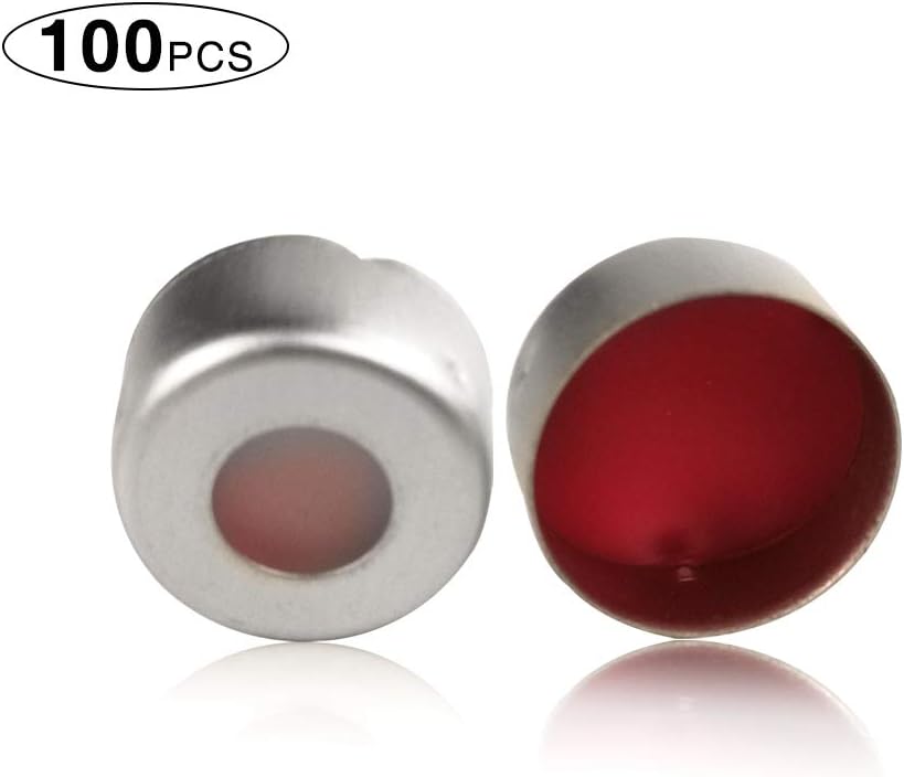 Autosampler Vials caps, MS Lab Supply 11mm Aluminum Silver Crimp Seals with Red PTFE/White Silicone Septa for 2ml Crimp top Vial, 100pcs/pack