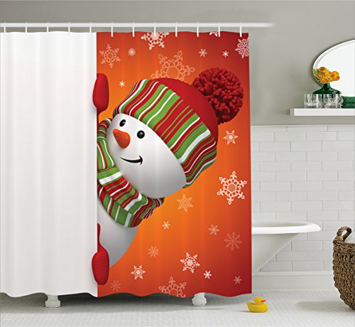 Ambesonne Christmas Shower Curtain, Modern Snowman Illustration and Hat Scarf New Year Celebration Design Xmas Joy, Cloth Fabric Bathroom Decor Set with Hooks, 69" W x 70" L, White Orange