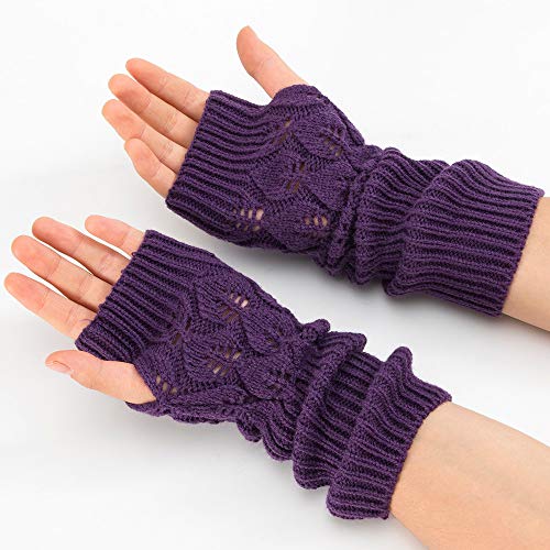 Women's Cable Knit Arm Warmers Fingerless Gloves Thumb Hole Gloves Mittens (Purple)