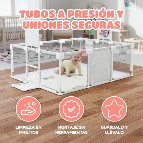 Baby Playpen 120x180 cm - Padded Baby Playpen - Equipped with musical mat, Velcro dartboard, basket, goal and more accessories - Safe Baby Playpen - See video for assembly