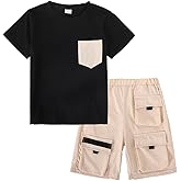 Azmxynol Tween Boys Clothes Daily Casual Short Sleeve Top + Cargo Shorts 2 Pieces Outfit Set, Size 6-14 Years