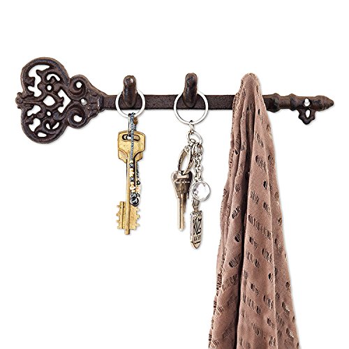 Comfify Decorative Wall Mounted Key Holder - Vintage Key with 3 Hooks - Wall Mounted - Rustic Cast Iron - 11 x 2.8"- with Screws and Anchors (Rust Brown)