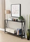 Walnut / Black Metal Frame 2-tier Entryway Console Sofa Table with X-Design Sides