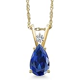 Gem Stone King 14K Yellow Gold Blue Created Sapphire and Lab Grown Diamond Pendant Necklace for Women | 1.13 Cttw | Gemstone September Birthstone | Pear Shape 8X5MM | With 18 Inch Chain