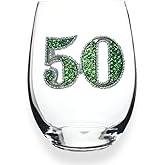 THE QUEENS' JEWELS 50th Birthday Jeweled Stemless Wine Glass, 21 oz. - Unique Gift for Women, Birthday, Cute, Fun, Not Painted, Decorated, Bling, Bedazzled, Rhinestone