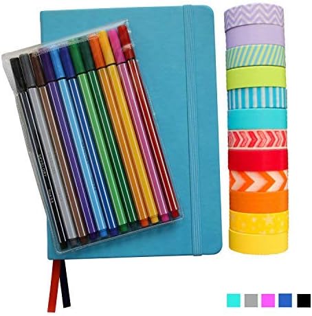 Bullet Dotted Journal Kit With Supplies - Turquoise A5 Hard Cover Dotted No-bleed Page Notebook, 12 Fineliner Pens, 12 Washi Tapes - All-in-one Journal Starter Set by Wonderful Washi