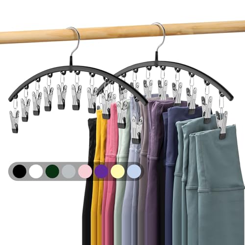 Volnamal Legging Organizer for Closet, 2 Pack Metal Yoga Pants Hangers w/10 Clips Holds 20 Leggings, Space Saving Hanging Closet Organizer w/Rubber Coated Closet Organizers and Storage, Black