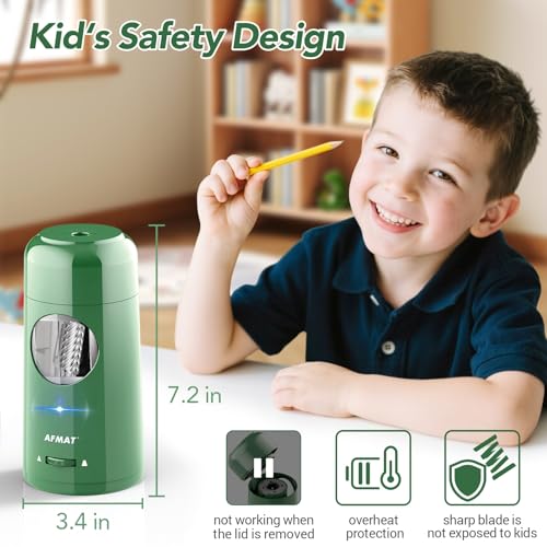 AFMAT Electric Pencil Sharpener, Rechargeable Automatic Pencil Sharpener for Jumbo & Colored Pencils (7-11.5mm), Auto in/Out, Hands-Free, Large Shaving Box, Portable for Kids/Home/Classroom/School