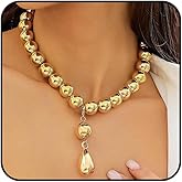 Stringex Chunky Gold Beaded Choker Necklace for Women Big Silver Teardrop Ball Pendant Necklace Adjustable Water Drop Beads Necklace Jewelry Gifts