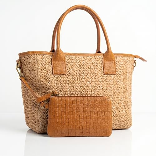 Women's Raffia Bag – Handwoven Straw Tote Bag with PU Leather Handles – Adjustable Shoulder Bag, Includes Small Purse, Summer and Beach Bag with Secure Closure (Brown)