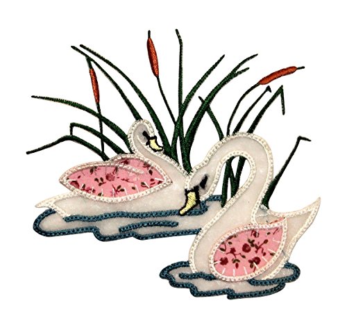 ID 0506 Pair of Swans Swimming Patch Cat Tail Lake Embroidered Iron On Applique