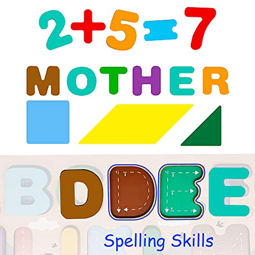 Puzzle in Legno per Bambini, 3 in 1 Alfabeto Numero e Tangram Giocattoli da Puzzle, Educativo Giocattoli per Apprendimento Prescolare, Regalo di Compleanno per Bambini di 3-5 Anni