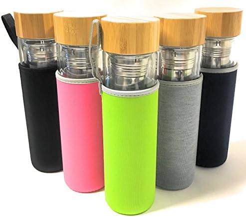 Tea Infuser by LoCo - Elegant Double Walled Insulated Glass Tumbler / Bottle with Stainless Infuser Basket and Bamboo Lid - BPA Free - New Version with Free Sleeve (16 oz, Black)
