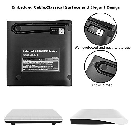 USB 3.0 External DVD Drive,Paragala Ultra Slim External CD Drive Portable CD DVD Player Burner Reader Writer with Built-in Cable,Excellent Optical Drive for Laptop Notebook Macbook and Desktop (White)