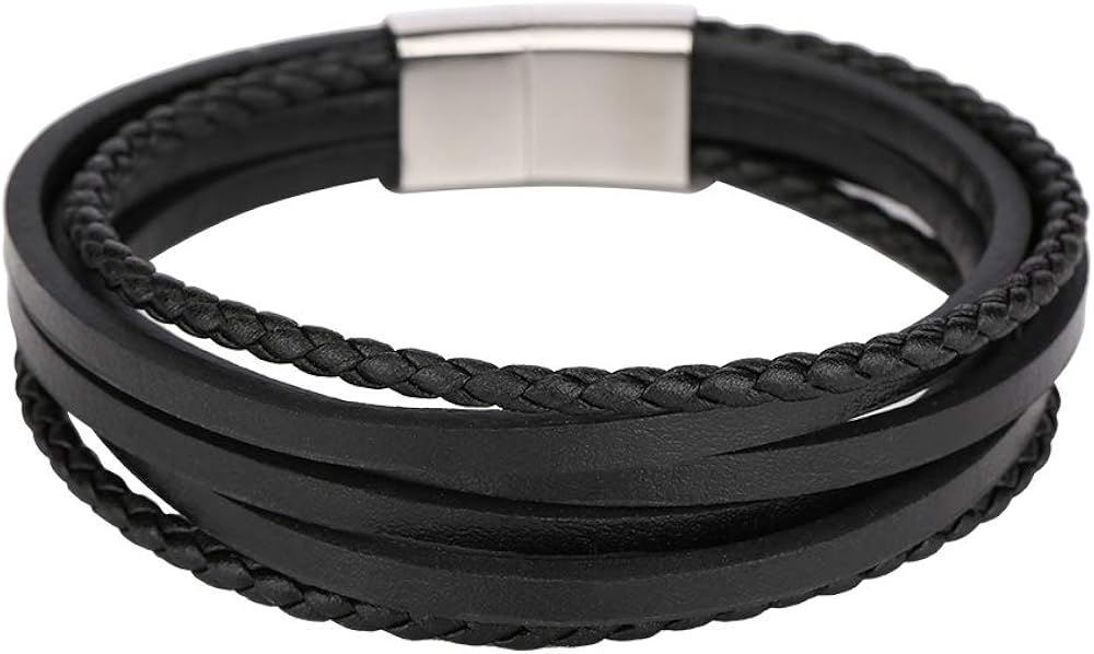 LOSSOT Mens Leather Bracelet with Stainless Steel Clasp