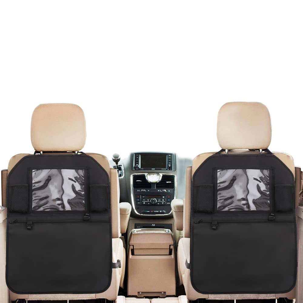 Enovoe Kick Mats Back Seat Protectors for Vehicles - 2-Pack Car Seat Protector with ZIpper Pocket Storage Organizer and Tablet Holder - Waterproof Back Seat Cover for Kids - 18 x 24-Inch (Black)