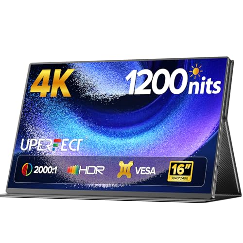 UPERFECT Monitor Portátil 4K 16", 1200 Nits Monitor Exterior 145% sRGB HDR 1000 Contraste 2000:1, Legible al Sol, Compatible VESA, Pantalla Exterior para Laptop, Mini PC, Consolas de Videojuego