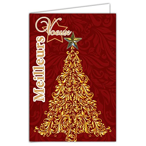 Set of 10 Cards + 10 Envelopes - Best Wishes Christmas Tree Collage Star Gold LOT10-61-4069-A BA