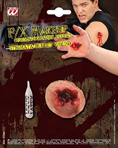 Halloween Adult, Kids, Women, Men's fun and scary stuff, scary wigs, masks, face putties, vests, skeleten with blood, liquid latex, Devil Horns, Evil Eyes, Fracture, Hanging Eye, Makeup, Third eye, Zombie Chin, Scars, Pinned Gash, Piercings, Slashed Throats, Vampire Blood, Witch Nose and Chin (Gmata-Bullet Wounds) by TipTop Fashion