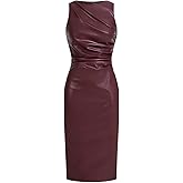 WDIRARA Women's PU Leather Ruched Sleeveless Slit Bodycon Midi Tank Dress