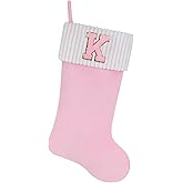 Shgngle 20 Inches Letter Embroidered Christmas Stocking,Personalized Pink Velvet Christmas Stocking,Family Holiday Decorations and Xmas Gift(K)