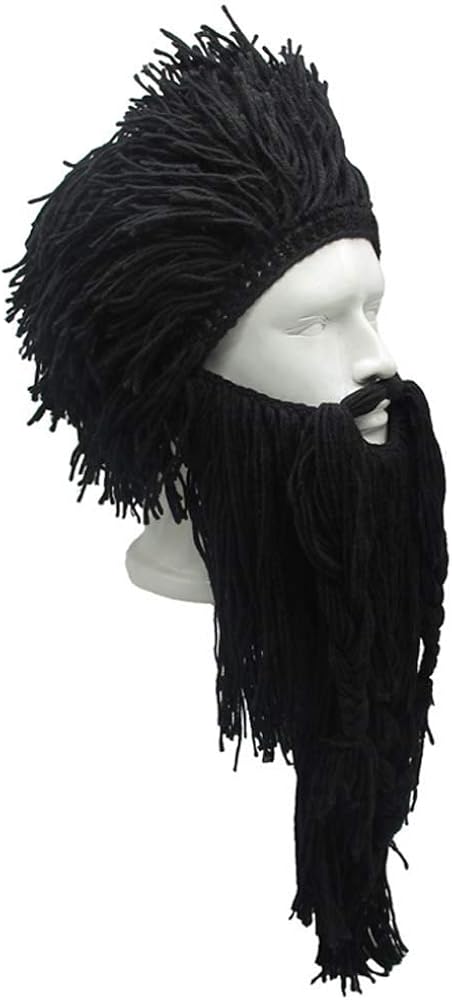 YEKEYI Barbarian Knit Long Beard Hat Adult Viking Fake Hair Wig Visor Knitted wool Funny Skull Cap, Black - Image 4