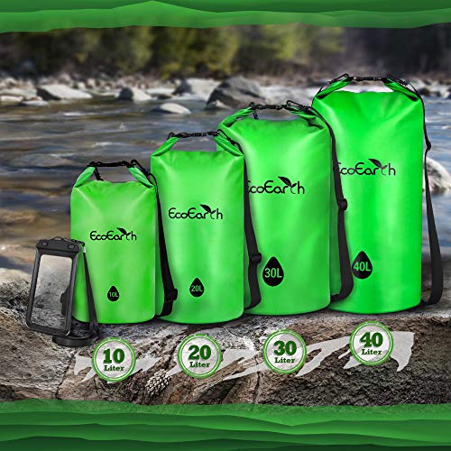 EcoEarth Waterproof Dry Bag (30L, Green) - Roll Top Compression Dry Sack with Waist Straps Keeps Gear Dry for Kayaking, Beach, Rafting, Boating, Hiking, Camping, and Fishing with Waterproof Phone Case