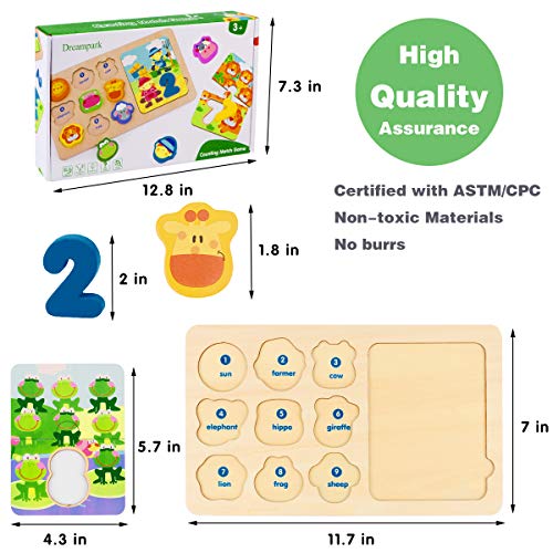 Dreampark Wooden Toys for Kids, Animal Shape Matching Game Number Counting Puzzle Board Educational Montessori Toys for 3 4 5 Years Old, Preschool Learning Color Recognition Blocks for Boys and Girls
