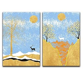 Canvas Wall Art Abstract Golden Deers Painting Artwork for Home Prints Framed - 16"x24" x 2 Panels