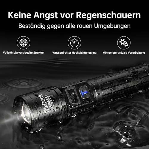 LED Rechargeable Torch Pack of 2, USB-C, Zoom, IPX6, LCD Display, 5 Modes | Extremely bright, 5 modes and zoomable, tactical with LCD display, waterproof, for camping, outdoor, survival, emergency
