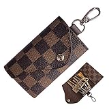 6 Ring Key Case for Men Holder Wallet for Women Leather Small Mini Credit Card Holder Plaid Bag Purse Pouch Key Chain (Brown)