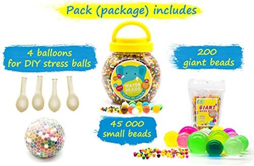 Big Water Beads Set 45000 Pcs + 200 pcs large beads + 4 pcs balloons for stress balls Prime Water Gel Beads Pearls for Vase Filler Great for Wedding decor Home decor Vase filler Orbeez refill