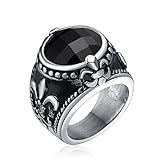 Vintage Black Oval Silver Fleur De Lis Retro Stainless Steel Ring Comfort Fit Size 8-11