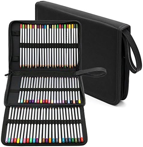 72 Slots Colored Pencil Case PU Leather Zipper Pen Bag with for Colored Pencil Watercolor Pencils Marco Pens and Cosmetic Brush,Large Capacity 3-Layer Artist Pencil Bag(Pencils NOT Included) (black)