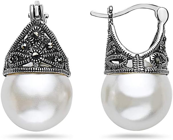 Silver Empire JewelrySILVER EMPIRE Fine Jewelry | 925 Sterling Silver Filigree Earrings for Women | Features Marcasite & Colorful Glass Pearls | Cap Mounting Design with Latch Closure | Oxidized Finish | Hypoallergenic