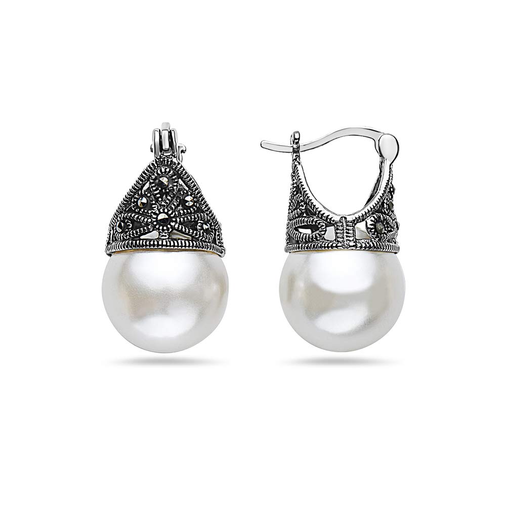 Silver Empire JewelrySILVER EMPIRE Fine Jewelry | 925 Sterling Silver Filigree Earrings for Women | Features Marcasite & Colorful Glass Pearls | Cap Mounting Design with Latch Closure | Oxidized Finish | Hypoallergenic
