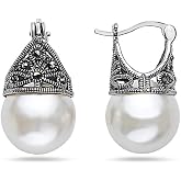 SILVER EMPIRE Fine Jewelry | 925 Sterling Silver Filigree Earrings for Women | Features Marcasite &amp; Colorful Glass Pearls | Cap Mounting Design with Latch Closure | Oxidized Finish | Hypoallergenic