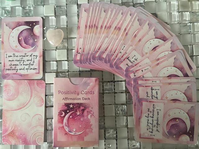 Positive affirmation cards, set of 30, card deck, pink moon design, night sky, on a day