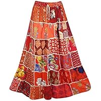 Women's Maxi Skirt Red Ethnic Patchwork Rayon Gypsy Skirts S/M