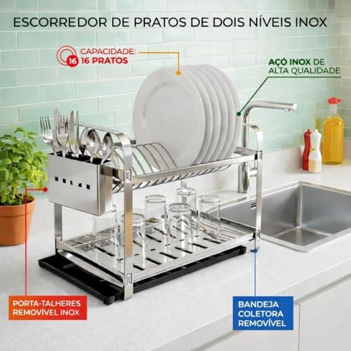 Escorredor de Pratos 2 Andares em Aço Inox com Suporte Removível para Talheres Capacidade para até 16 Pratos (Com Bandeja)