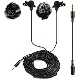 20FT Dual Headed Lapel Lavalier Microphone,Nicama LVM2 Clip-on Lav Mic With 2 Windscreen Muffs for DSLR Camera Sony Camcorders Audio Recorders iPhone, iPad, PC, Macbook, Samsung Andriod Smartphones